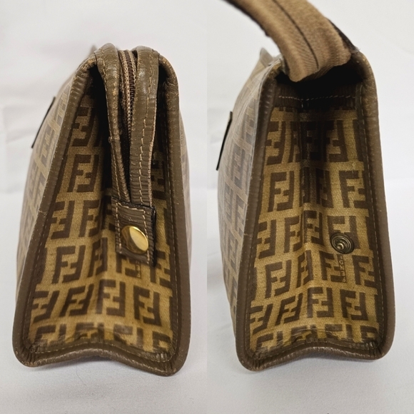 Fendi Zucca Monogram Canvas And Leather Zippered Cluch Bag In Camel And Brown - Picture 4 of 15